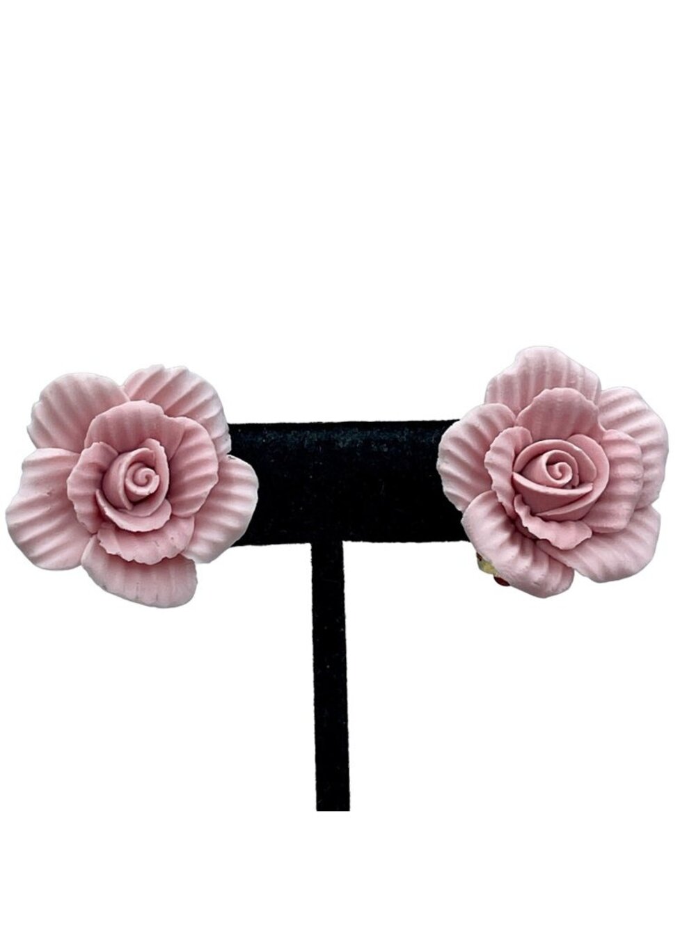 Vintage Porcelain Bisque Pink Flower Large Clip Earrings Artisan Hand Made Matte